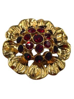 Monet Brooch Gold-tone Ruby Red Rhinestones Signed 1-1/2" x 3/8"